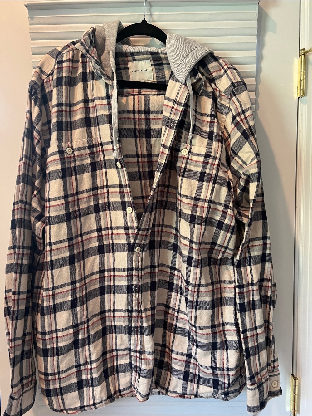 American Eagle Outfitters Plaid Button-Down Shirt Jacket in Cream, Navy and Red